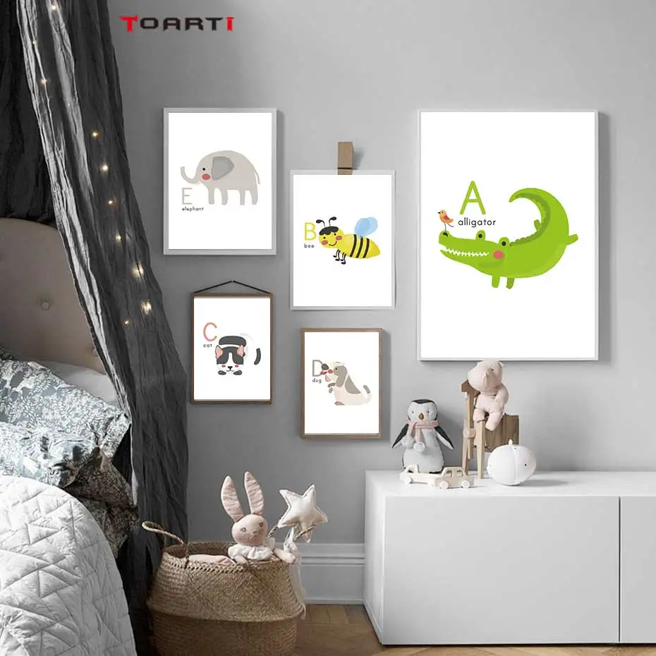 Cartoon Animals Alphabet Prints Posters Alligator Bee Canvas Painting On The Wall Colorful Art Pictures Kids Bedroom Home Decor (1)