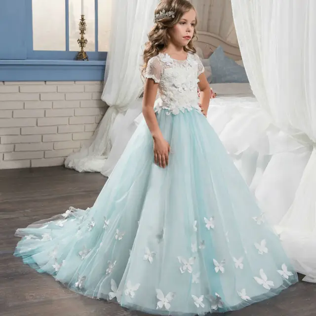 Cheap 2017 Flower Girls Dresses for Wedding Mermaid First Communion Dresses for Girls Tulle vestido longo Long Graduation Dresses Kids