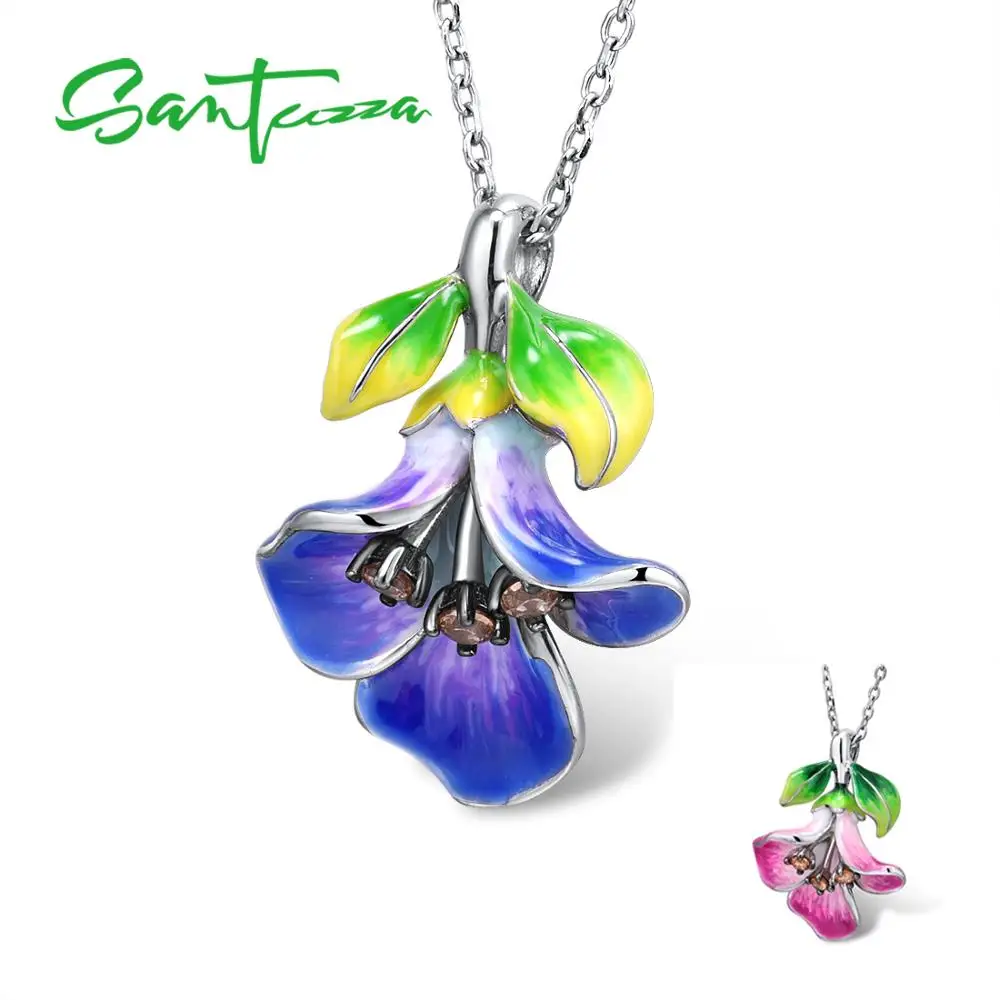 

SANTUZZA Silver Pendant for Women Pure 925 Sterling Silver Charming Blue Pink Flower Engagement Fine Jewelry HANDMADE Enamel