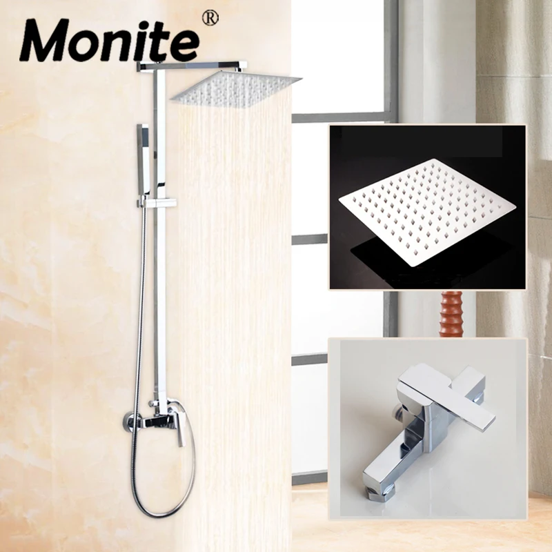 Monite 8 дюймов Большая насадка для душа с эффектом набор смесители хромированное покрытие, настенный Ванная комната с регулировкой высоты Ручной смеситель для душа