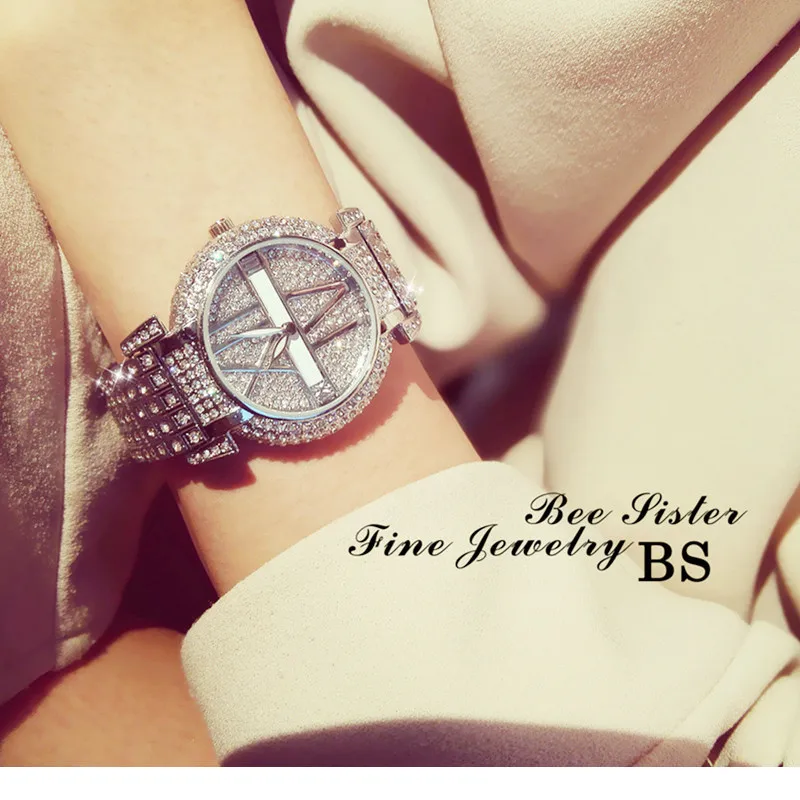 

Luxury Women's Quartz Watch Custom Alloy Chain Watch Silver Full Rhinestone Women's Watch Round No Digital Large Dial Watch