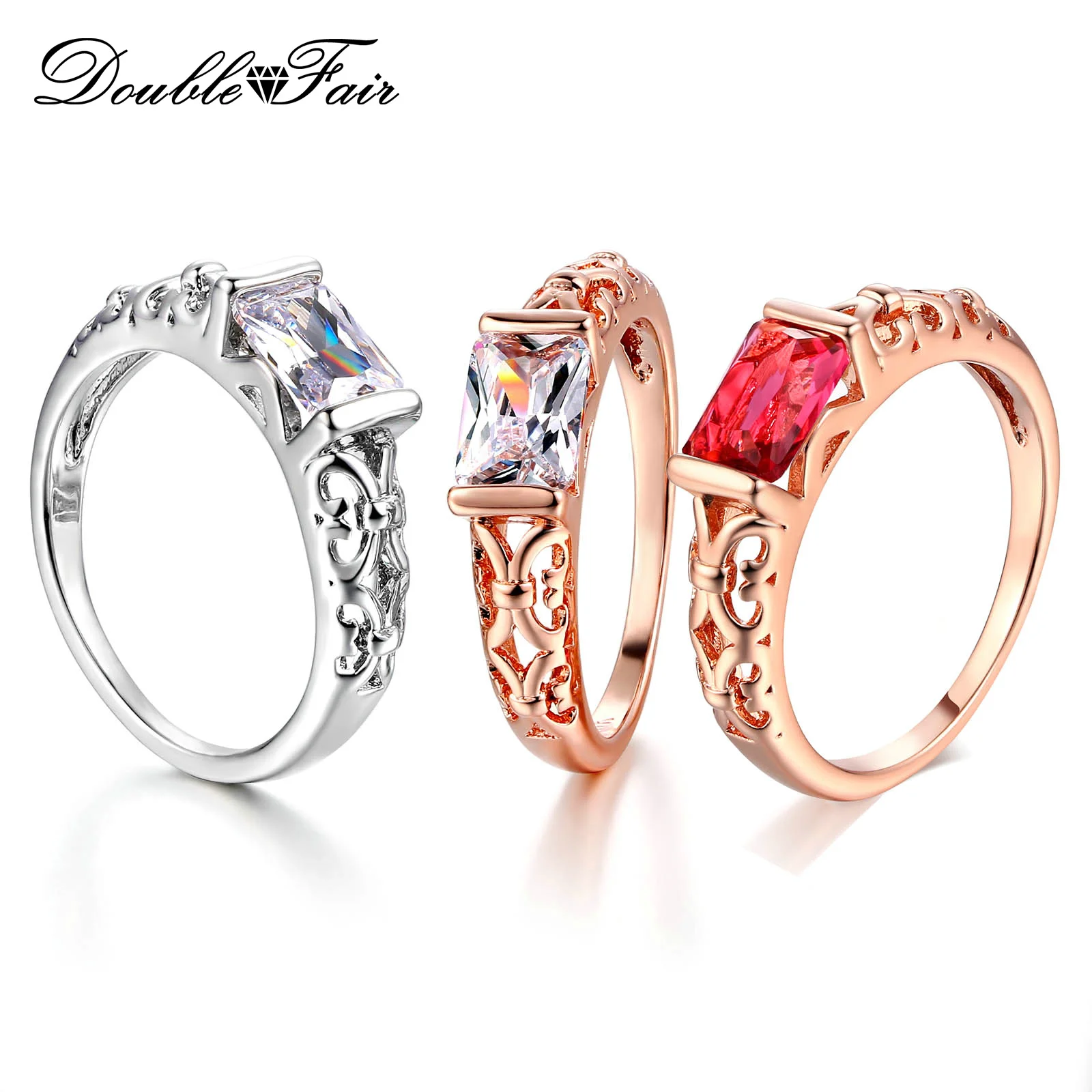 Двойное яркое Брендовое свадебное кольцо с красным кристаллом для женщин, розовое золото/серебряный тон, модное ретро обручальное кольцо, ювелирное изделие DFR368