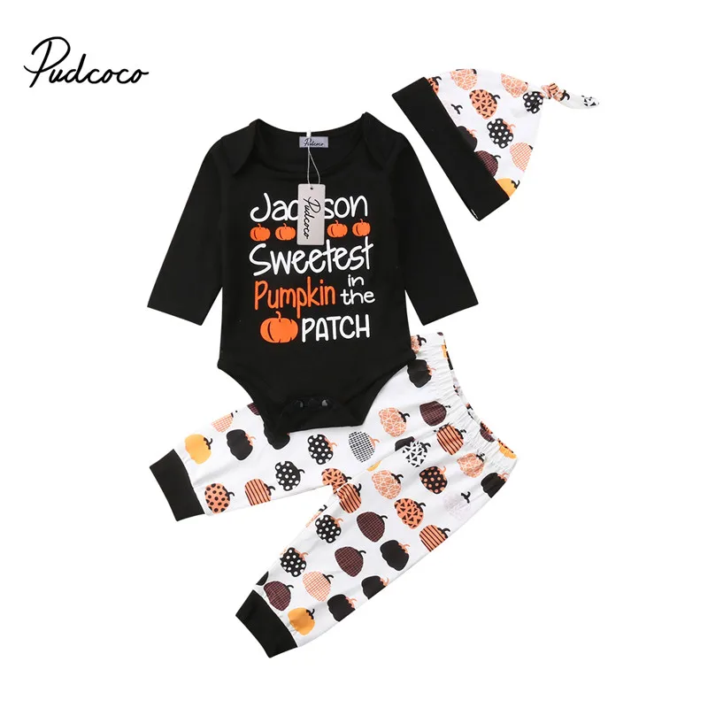 

PUDCOCO Newborn Baby Boys Girls Outfits Casual Clothes Long Sleeve Bodysuit+Long Pants +Hat Pop Halloween Sets