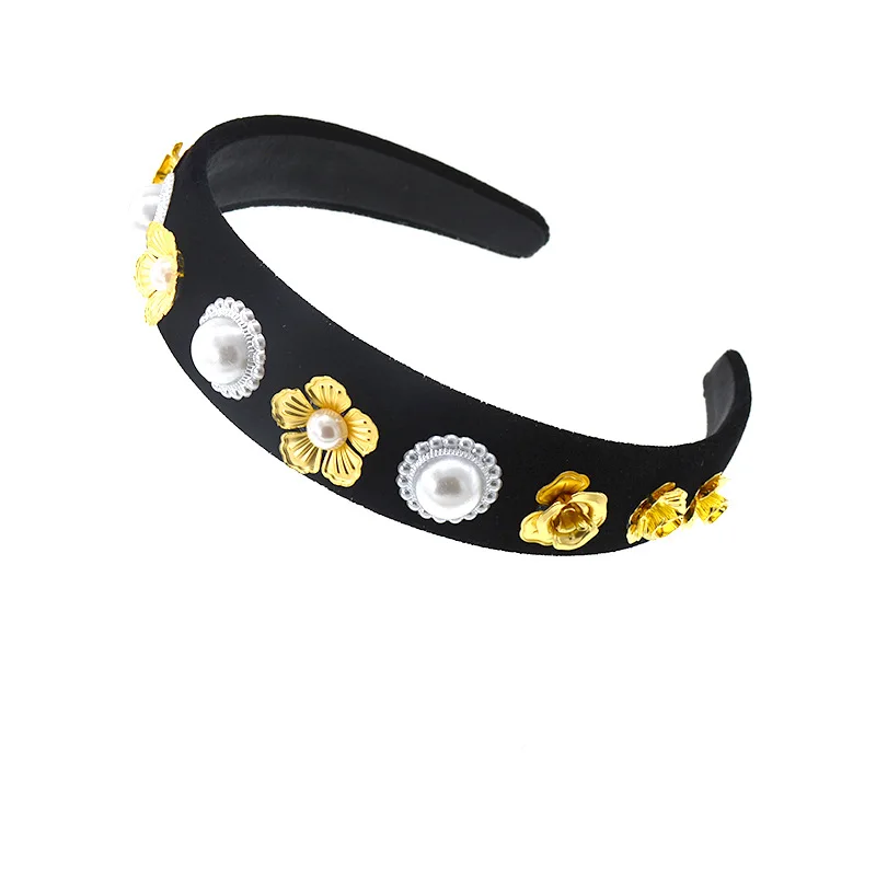 

Wide Black Gold Hairband Bridesmaid Headband for Women Ladies Pearl Headdress Baroque Hair Accsessories To Bride Bling Gem 2019