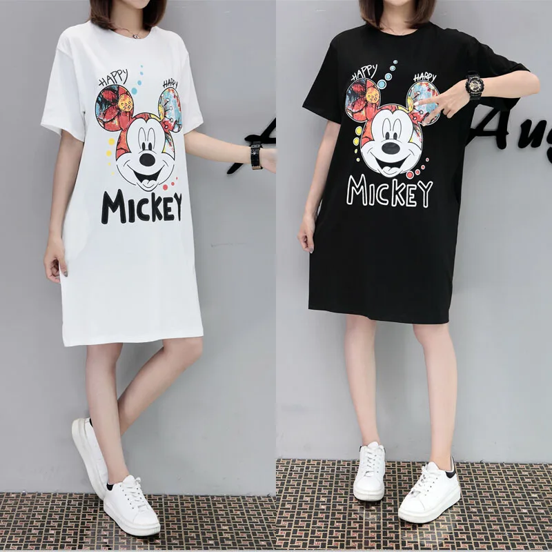 

Pregnant Maternity Clothings Women Mouse Cartoon Printing Short Sleeve Dress Mommy Summer Tshirt Black White Plus Size XL-5XL