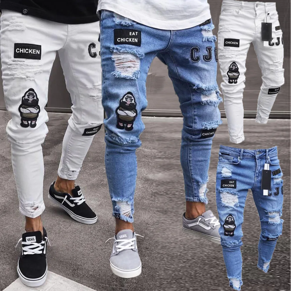 Модные Для Мужчин's рваные облегающие скини джинсовые штаны на молнии брюки с рваными краями и потертостями Повседневные длинные брюки из хлопка