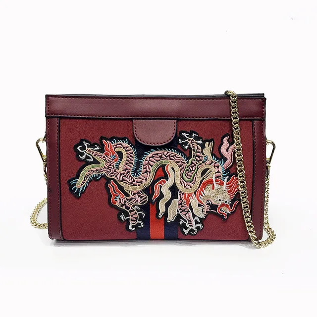 New Designer Chinese Dragon Embroidered Stripe Suede Shoulder Bag
