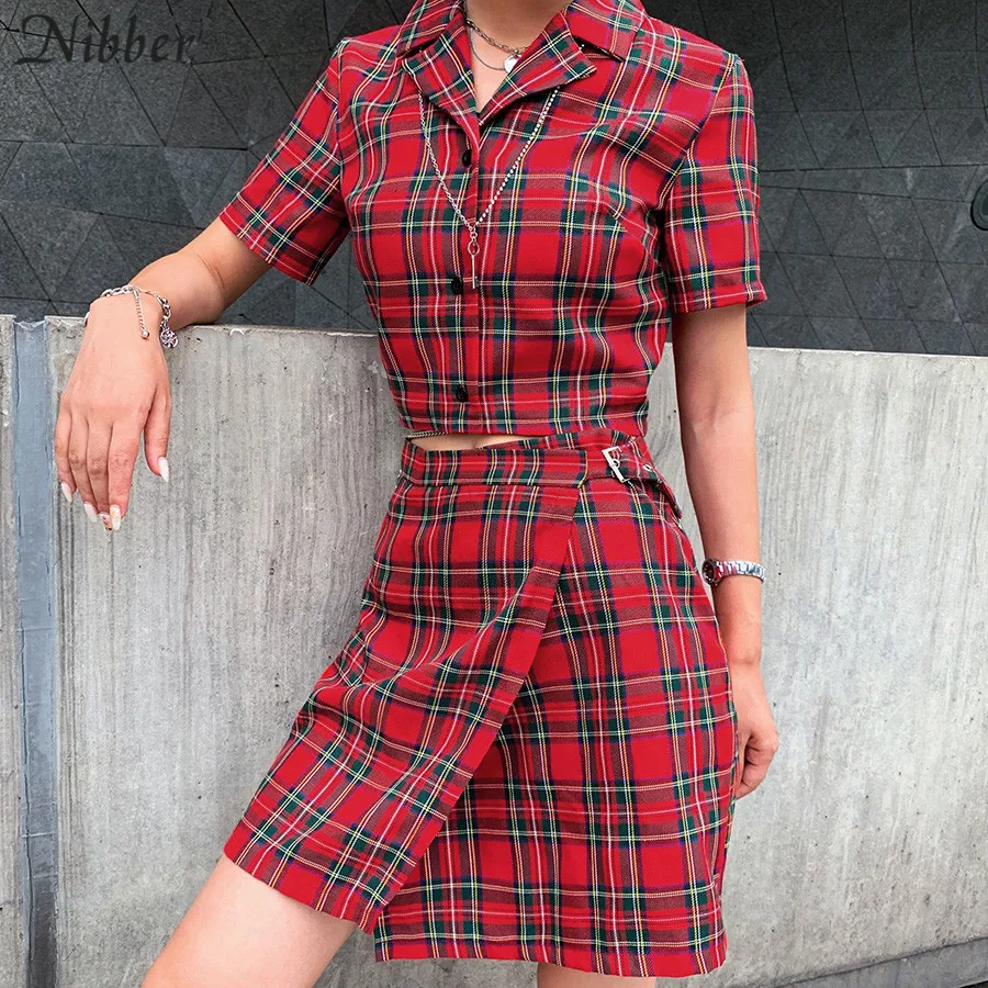 

Nibber Retro Red check print tops blouse womens skirts 2two pieces sets spring summer office ladies wild casual teeshirts skirts