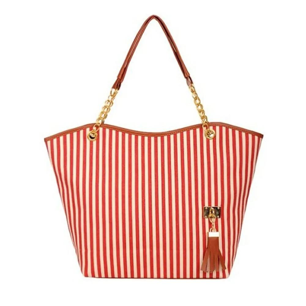 Women Stripe Tassels Chain Canvas Shopping Handbag Female Shoulder Bag Large Tote Shop Bag Beach bag ladies bags bolsa feminina