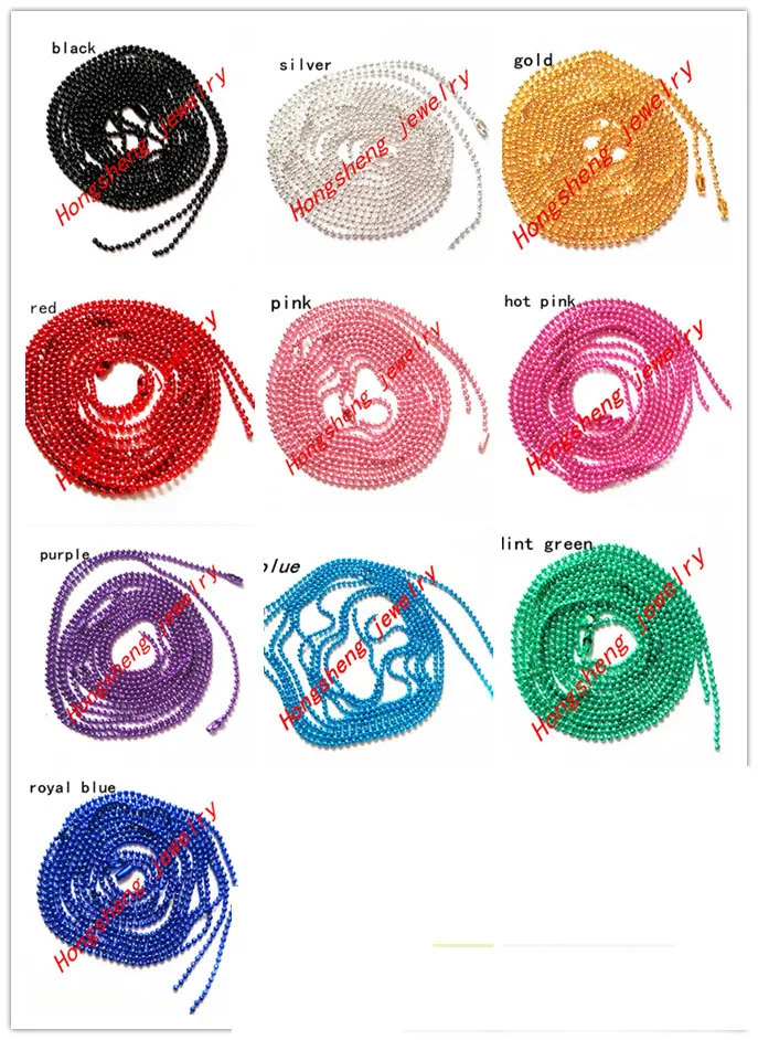 

Wholesale mix 10 color 100 pcs/lot Long:70cm(27.6" ) Beads:1.5mm(0.059") Ball Chain Necklace W / Connector (As shown 10 color)