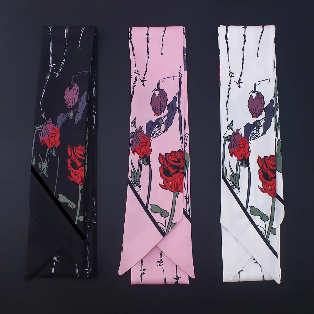 POBING 2018 роза цветочный Для женщин шелковый шарф Twill головной платок бренд галстук ручкой ленты Малый длинные шарфы Малый хиджаб 130*7 см