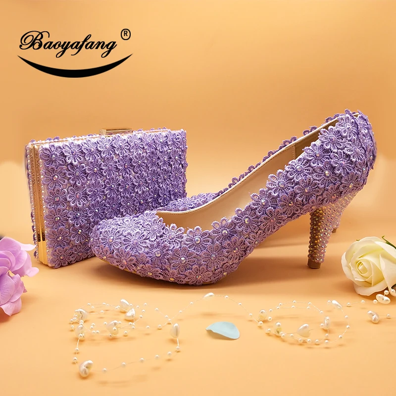 

BaoYaFang violet Flower Wedding shoes with matching bags Ladies woman sweet party dress shoe Pointed Toe Pumps