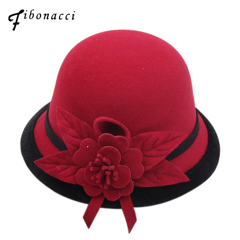Fibonacci 2018 جديد الخريف الشتاء الإناث فيدورا Lmitation الصوف ورأى النساء القبعات الأزياء دلو الزهور فيدورا قبعة