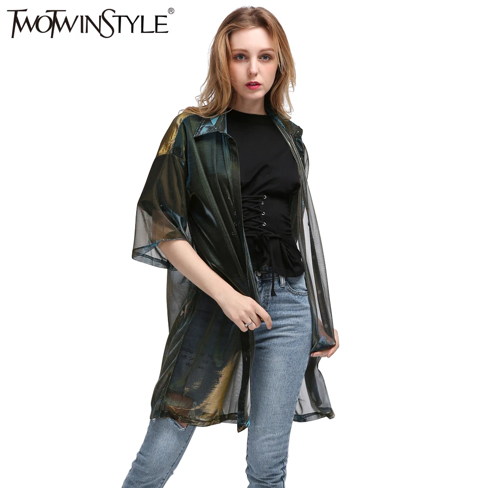 

TWOTWINSTYLE 2019 Summer Women Half Sleeve Colorful Transparent Long Tops Shirts Blouse Big Sizes Cardigan Clothes Korean Casual