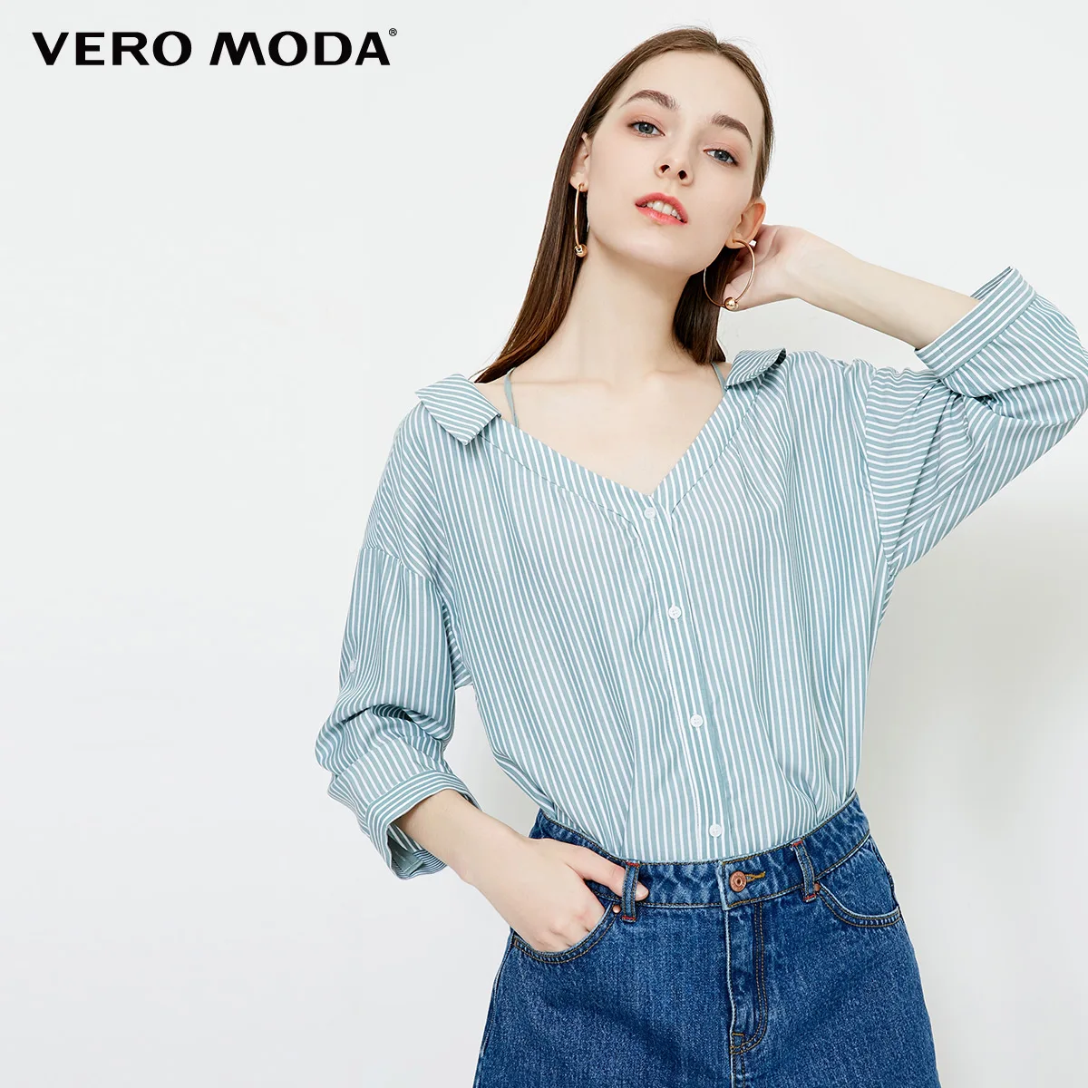 Женская рубашка в полоску с рукавами 3/4 и воротником на шнуровке Vero Moda | 318331525|
