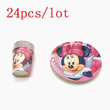 

New 24Pcs/Lot Cartoon Minnie Mouse Disposable Paper Cup+Plate Event Party Dish Kid Favors Birthday Party Glass Decoration Supply
