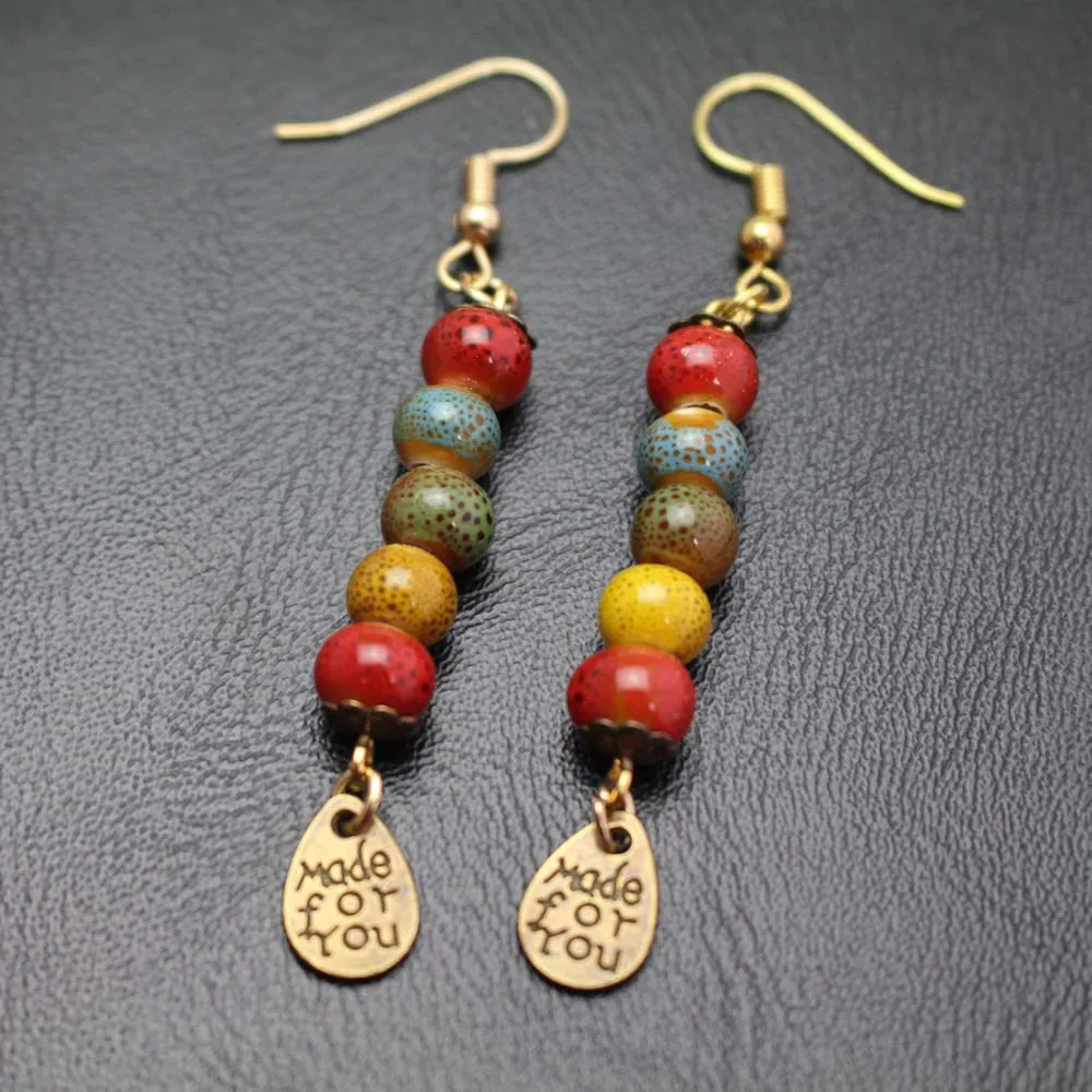 

Newest 5 Grain Of Ceramics Beads Luckly Earrings Vintage Waterdrop Alloy Pendant Eardrop For Women Girls Earbob Gift