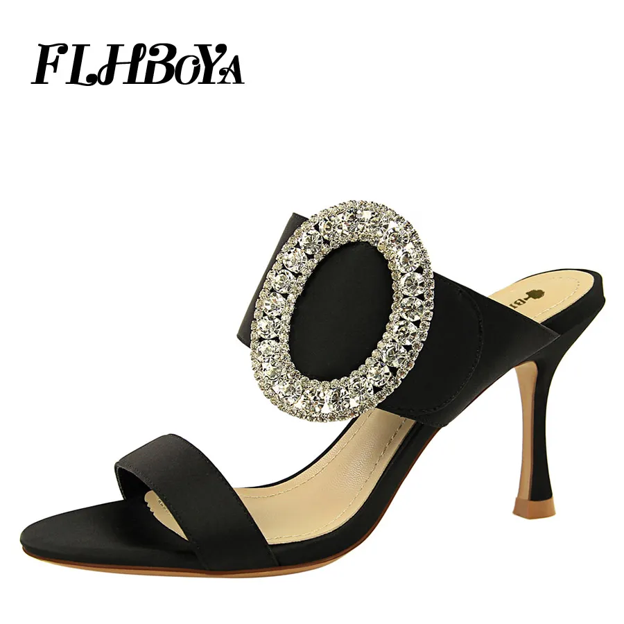 

Summer Women Fashion Thin High Heels Sliper Sandals Silk Crystal Party Mules Shoe Black Red Slingback Female Slip-on Ladies Pump