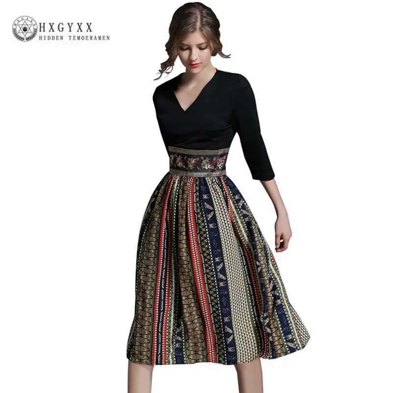 H-Han-Queen-Autumn-New-Printing-Casual-Women-Dresses-Retro-Big-Swing-Sexy-V-neck-Slim (5)