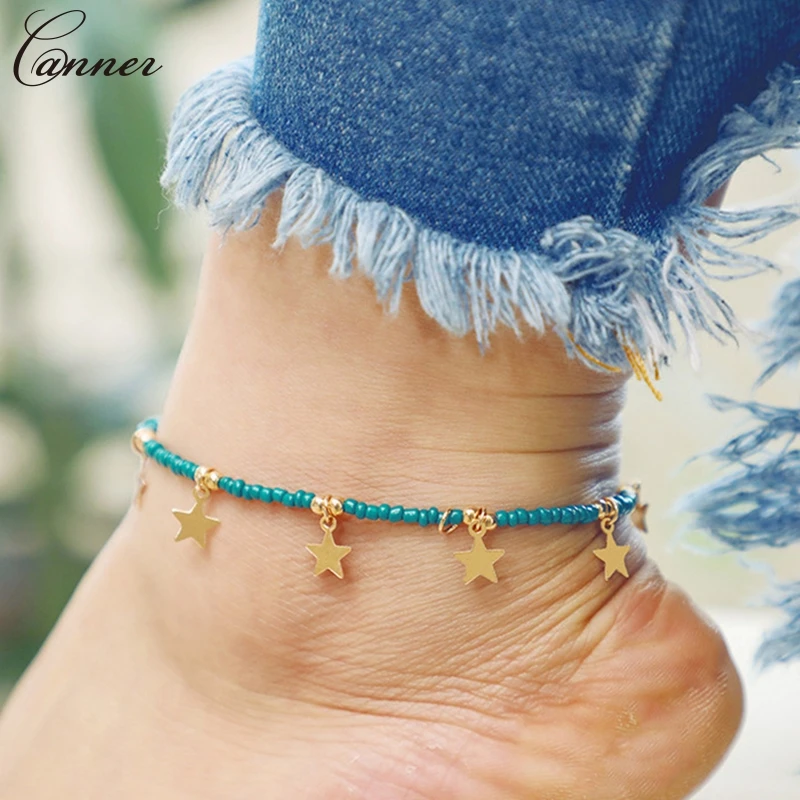 Bohemain Green Beads Anklet Chain Gold Color Star Charm Anklets for Women Female Ankle Bracelet Leg Foot Jewelry enkelbandje Q4