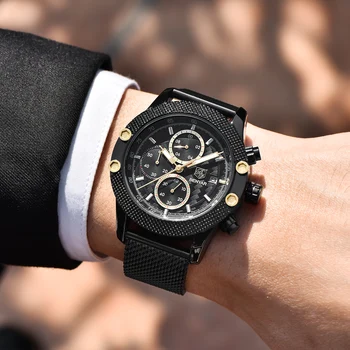 

Chronograph Men Sport Watch Mesh Band Black Gold Mens Wrist Waches Waterproof Military Army Quartz Luxury Watches Dropshipping