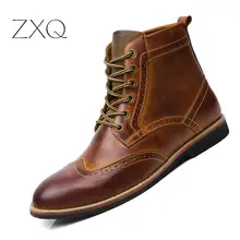Genuine Leather Men Boots Vintage Style High-Cut Lace-Up Shoes Men Fashion Casual Brogue Ankle Boots Shoes цена Genuine Leather Men Boots Vintage Style High-Cut Lace-Up Shoes Men Fashion Casual Brogue Ankle Boots Shoes цены онлайн