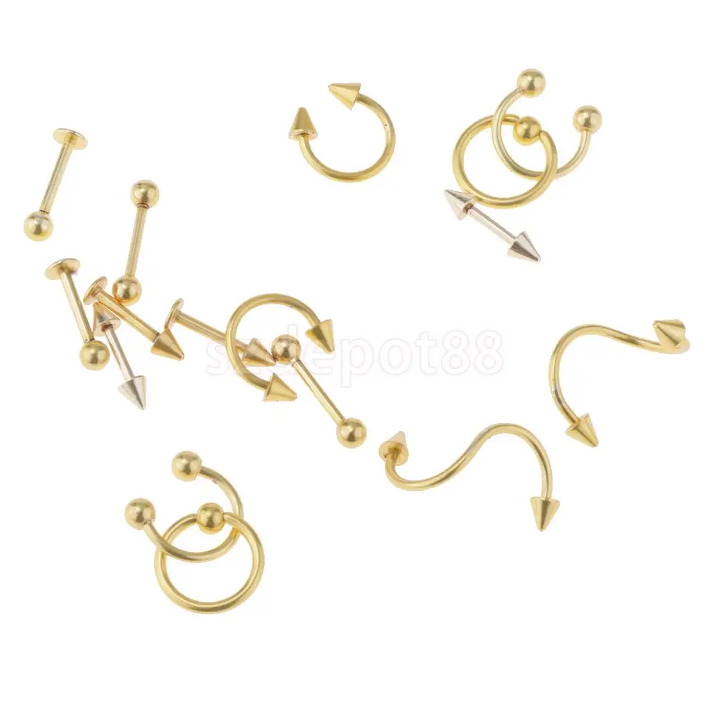 16 Pieces 16g Stainless Steel Assorted Eyebrow Ear Lip Navel Ring Body Piercing Kit
