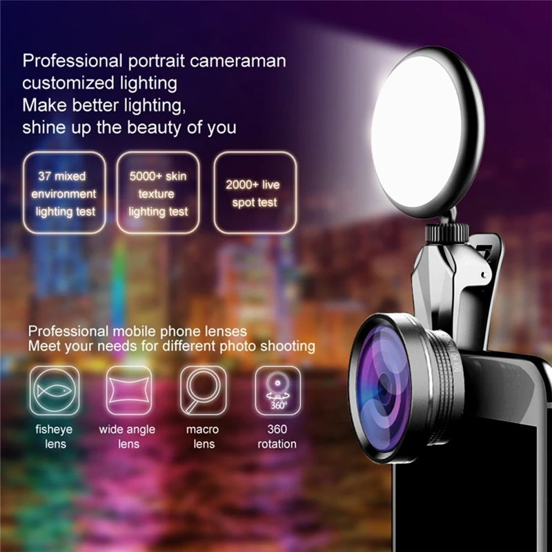 2 в 1 селфи лампа светодиодный светильник и телефон камера рыбий глаз 4 к объектив для Xiaomi Mi 8 IPhone ноутбуки рыбий глаз широкоугольный макрообъектив