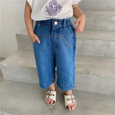 Новое поступление года; сезон лето; повседневные хлопковые джинсы свободного кроя в Корейском стиле однотонные модные милые брюки для маленьких девочек и мальчиков - Цвет: Синий