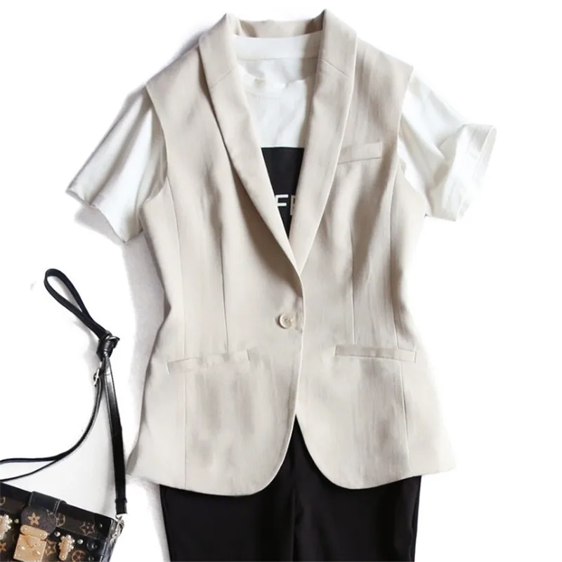 

Linen Cotton Suit Vest Women Sleeveless Casual Slim Work Jacket Spring Summer Fashion One Button Office Lady Waistcoat Xl5112