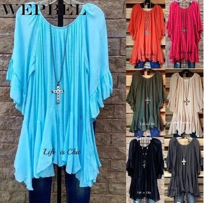 

WEPBEL Boho Swing Ruffle T Shirts Women Summer Fashion Tees Short Sleeve Round Neck Irregular Hem Tunic Tops