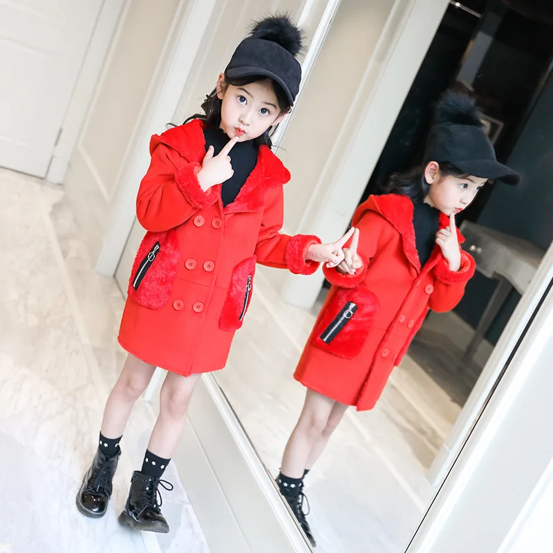 Новая куртка для маленьких девочек, детские пальто с искусственным мехом и капюшоном на осень-зиму, зимняя детская куртка, 8JK069 - Цвет: Красный