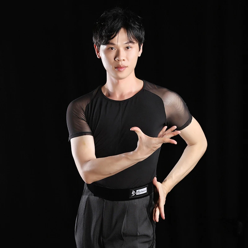 

Black Latin Dance Shirt Men Sexy Mesh Tops Latin Dance Competition Dancing Tops Tango Cha-Cha Salsa Performing Dance WearDQS1855