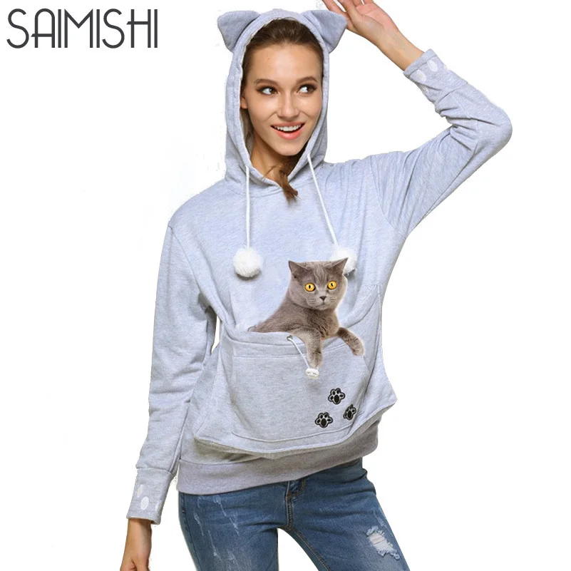 Saimishi Cat Lovers толстовки с капюшоном с мешочком для собак, толстовки для домашних животных, повседневные пуловеры-кенгуру, женские топы с вышивкой
