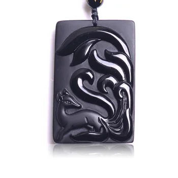 

Drop Shipping Natural Stone Pendant Black Nine Taile Fox Lucky Blessing Amulet Pendant Necklace Carved Handwork Crystal Jewelry