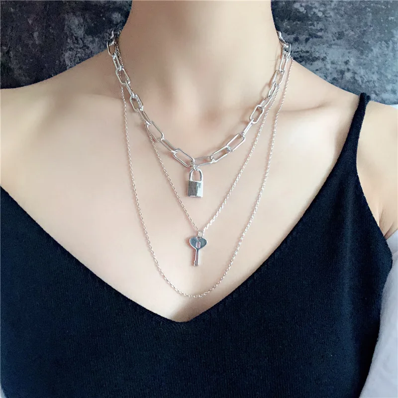 

DIEZI Hip Hop Multilayer Silver Color Lock Key Pendant Metal Chain Necklace Punk Geometric Necklaces for Women Men