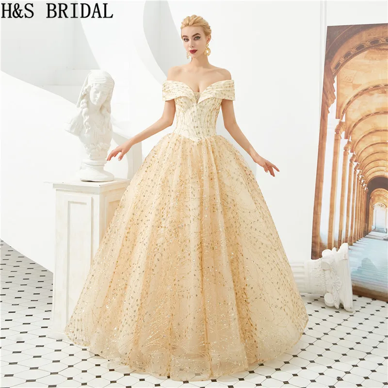 

H&S BRIDAL Off Shoulder Lace Prom Dresses Luxurious Ball Gown Prom Dress Gold prom party dresses abiti da cerimonia da sera