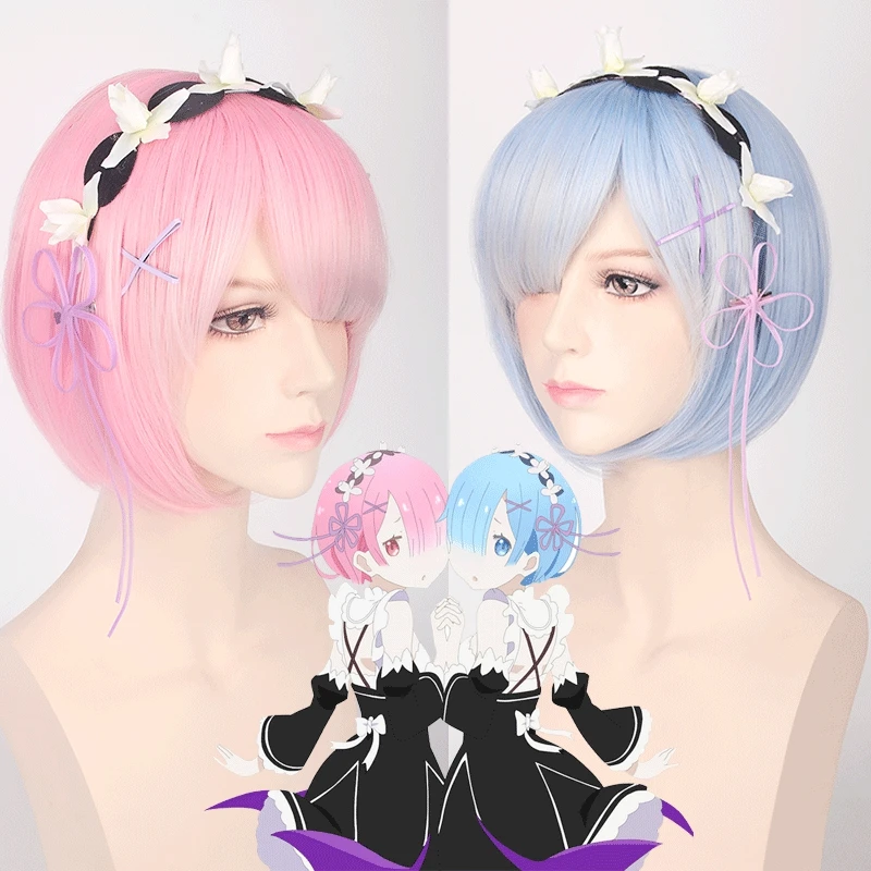Koop Re Leven In Een Verschillende Wereld Van Nul Afgestudeerd Ram Rem Cosplay Pruik voor Vrouwen Korte Rechte Roze Blauw Anime Pruik