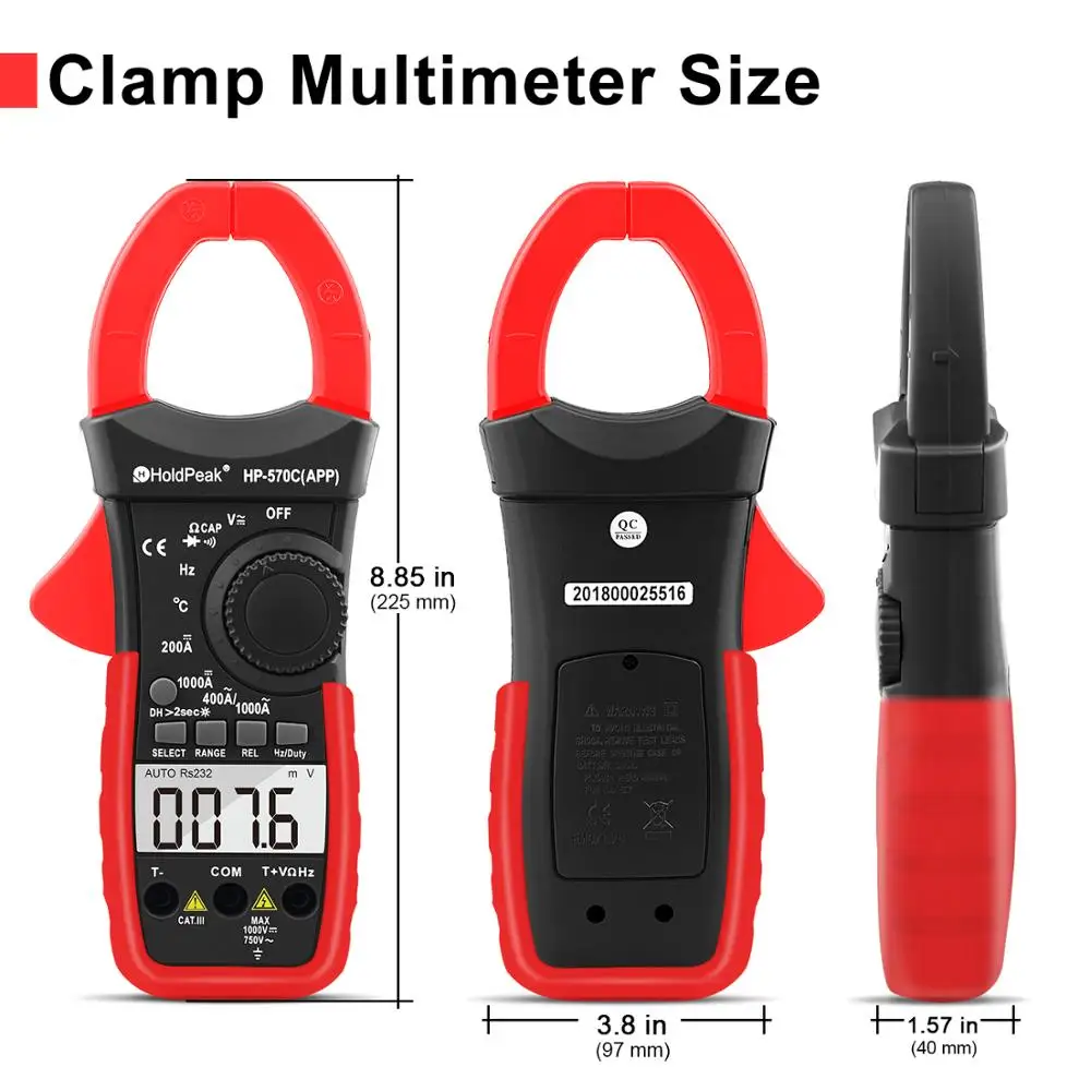 HoldPeak Digital Clamp Meter HP-570C-APP 1000A AC/DC Current Voltage Capacitance Temperature Multimeter Connect to Phone Tester