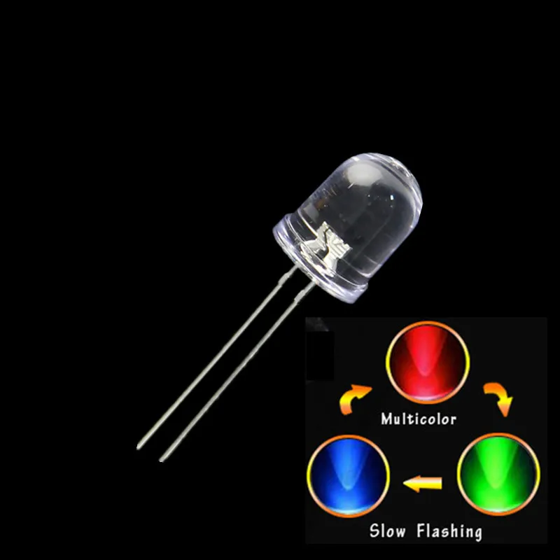 

100pcs 10mm Water Clear Round Emitting Diode LED Lamps RGB Slow Flashing Red Green Blue 3 Colors Changing Multicolor Flicker