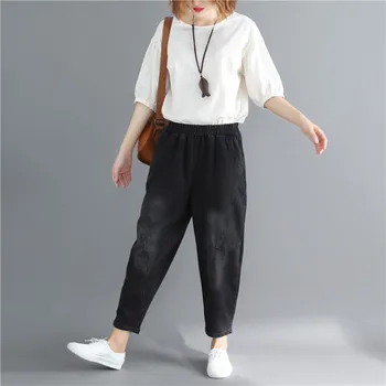 

2019 New Fashion Women Vintage Pockets Black Trousers Mid Female Elastic Waist Loose Denim Pants