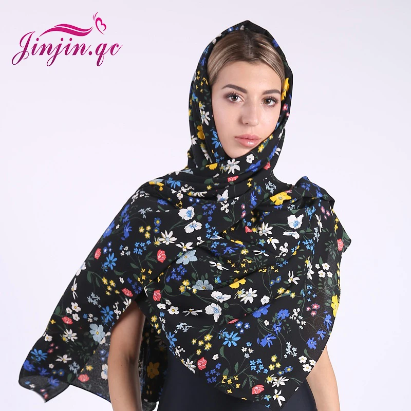 Jinjin.QC 2019 Nice Pearl Big Size High Quality Bubble Chiffon Floral Print Shawls Hijab Spring Muslim 30 Color Scarves/scarf