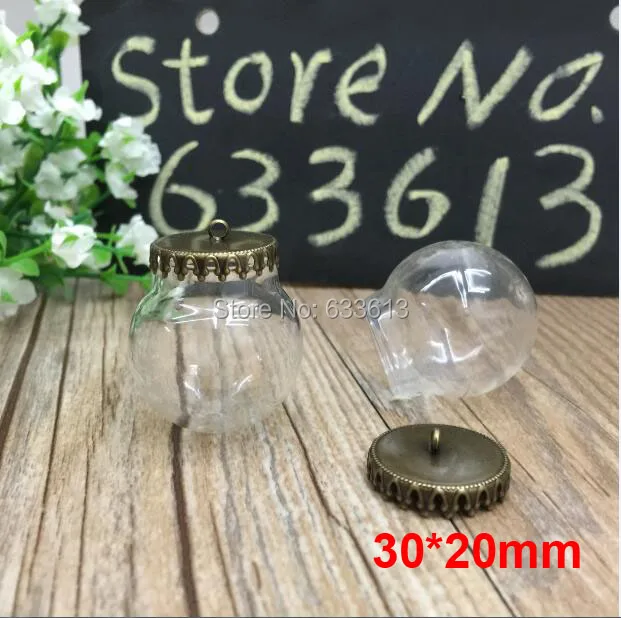 

Free ship!! 20sets/lot 30*20mm glass globes with bronze crown findings with ring set glass bubble DIY vial pendant glass orbs