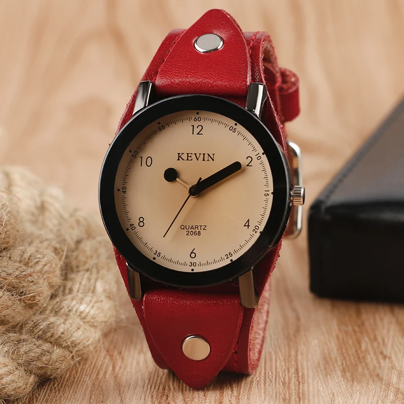 New Arrival KEVIN Creative Matches Pointer Wristwatch Red Leather Steampunk Band Strap Fashion Wrist Watch For Men Women