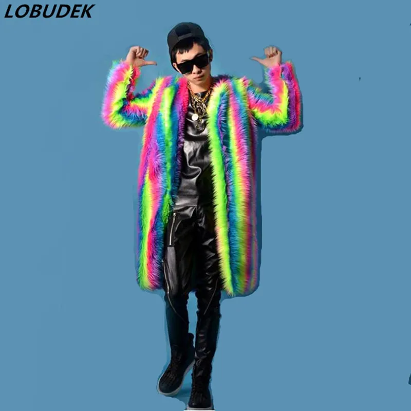 

2016 male costume cool nightclub clothing outdoors slim wear performance show star dancer singer rainbow Plush coat long jacket