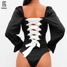 Manoswe Sexy Pullovers Cross Lace Up Bodysuit Women Square Collar Black Backless Jumpsuit Elasticity Open Crotch Rompers