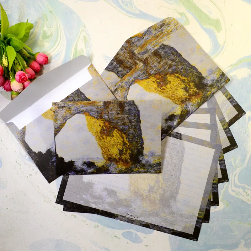 3 простыни Детские Письмо бумага 6 шт. конверт набор канцелярские Monet картины Винтаж конверт для студент, школа, офис подарки