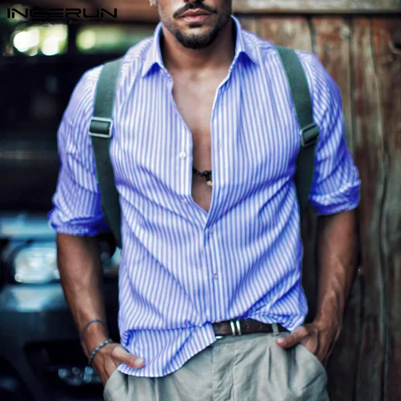 

INCERUN Autumn Long Sleeve Lapel Men Pinstriped Shirt Europe and America Loose Casual Breathable 2019 Small Fresh Fashion Shirts