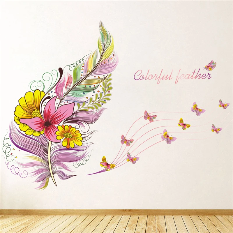 Красочные 3d яркие перья бабочки птицы цветок наклейки на стену украшение дома гостиная ПВХ Наклейки на стены diy Фреска poste