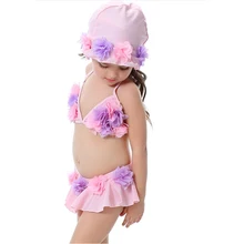 Детские купальники купальник для девочек мультфильм кружевное платье с цветочным рисунком купальник с Hat Купальник дети купальники бикини комплект из двух частей костюмы